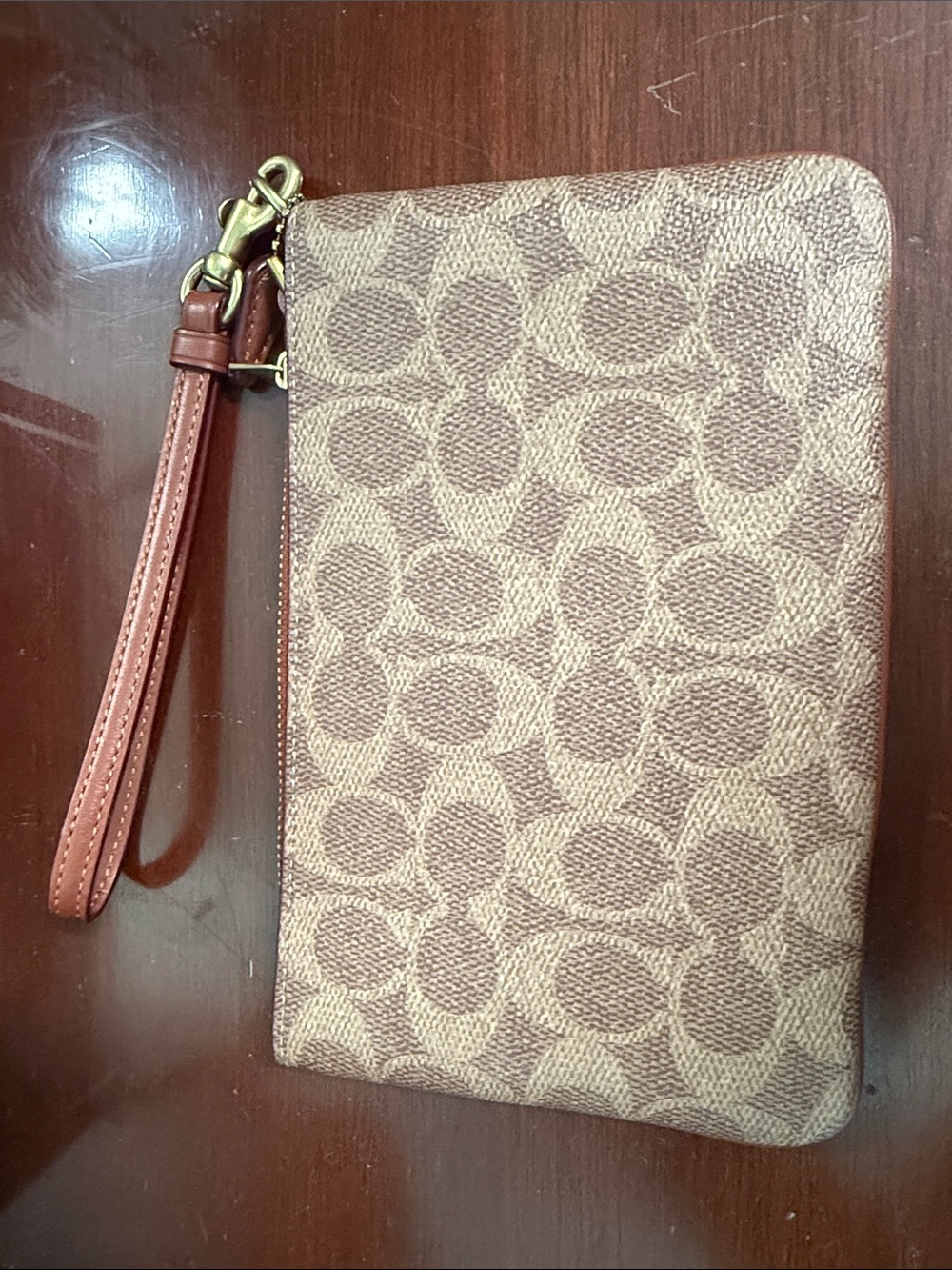 Coach Large Tan Rust Signature Canvas Wristlet with Leather Strap - Picture 2 of 4